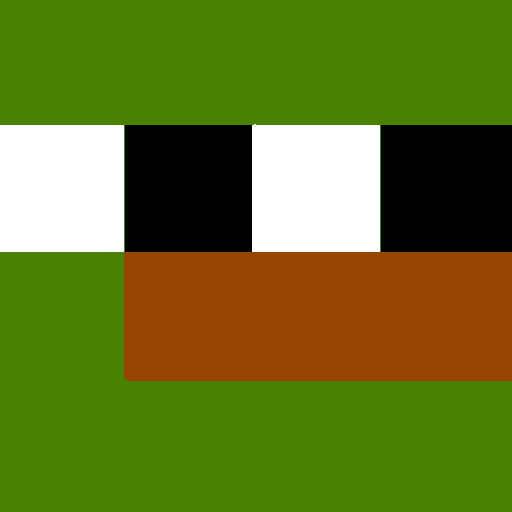 CryptoPepe: a green square with two white and black eye squares and a brown mouth bar